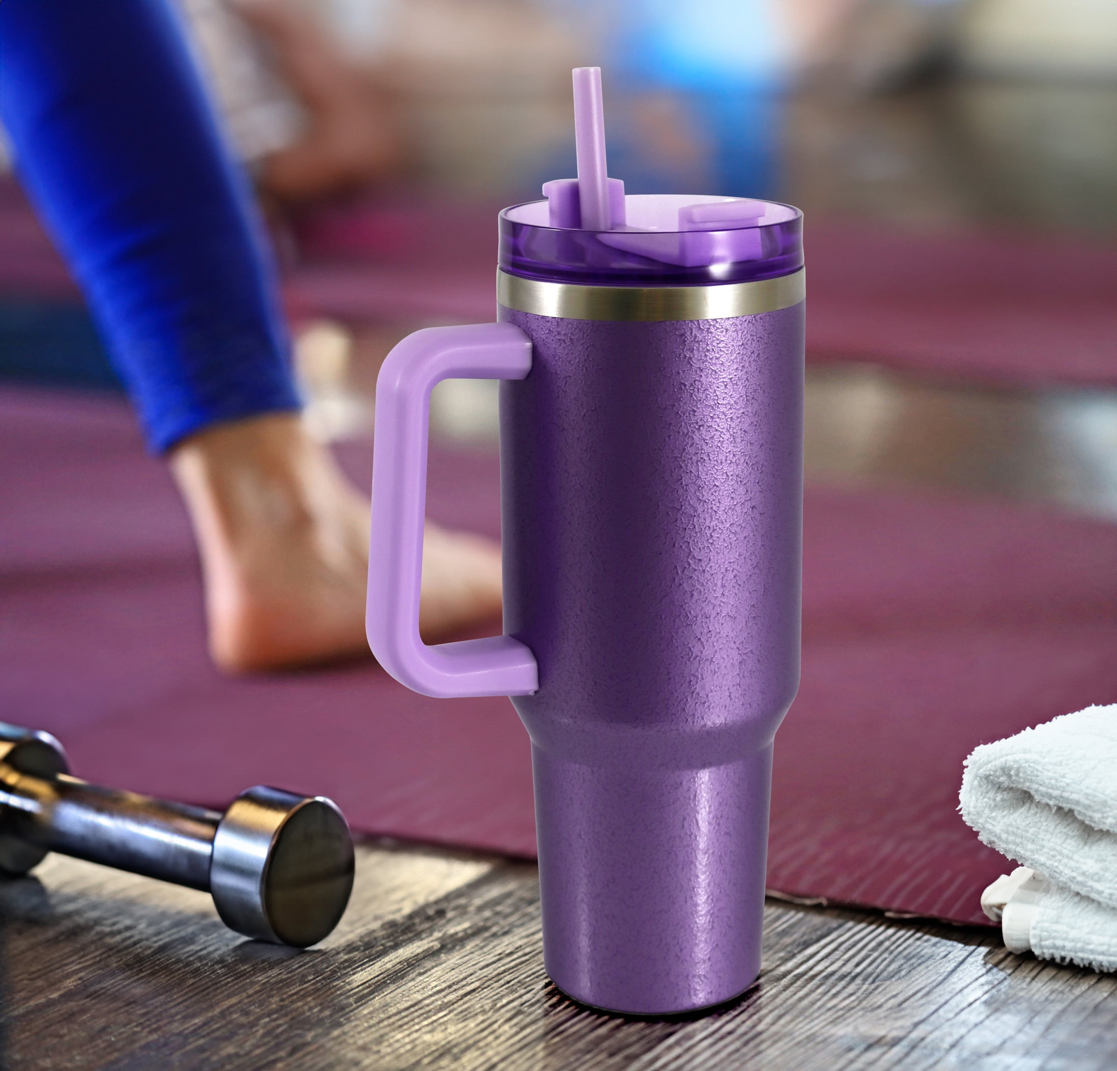 Mainstays 40 oz Stainless Steel Tumbler with Straw and Handle, Double Wall Insulated, Purple Hammertone