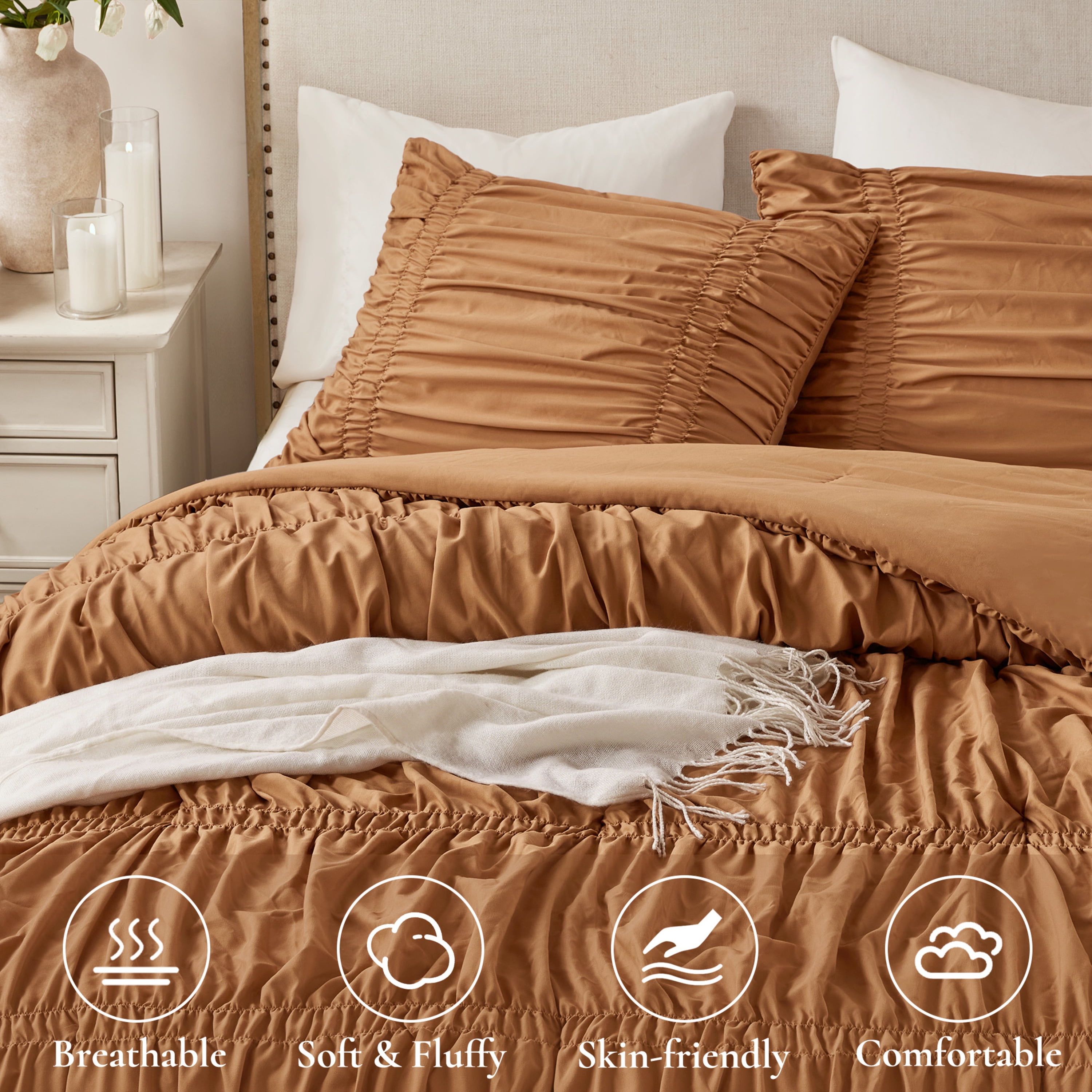 Regency Heights Full/Queen Soft Washed Comforter Set, Ruched Striped Dorm Bedding Sets, 3-Piece Brown French Country Comforter Bed Set with Bow Ties and Sham for All Season