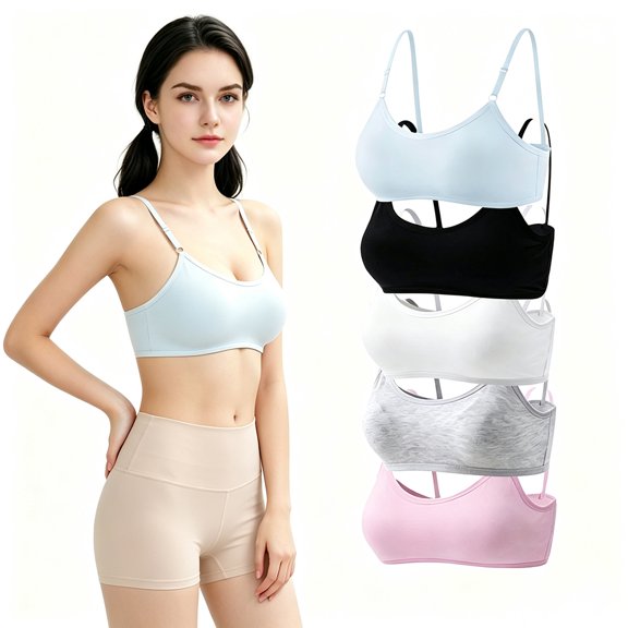 Sporty Cotton Non-wired Bras Lightly Padded 5 Pack Teen Girls Adjustable Shoulder 10-16