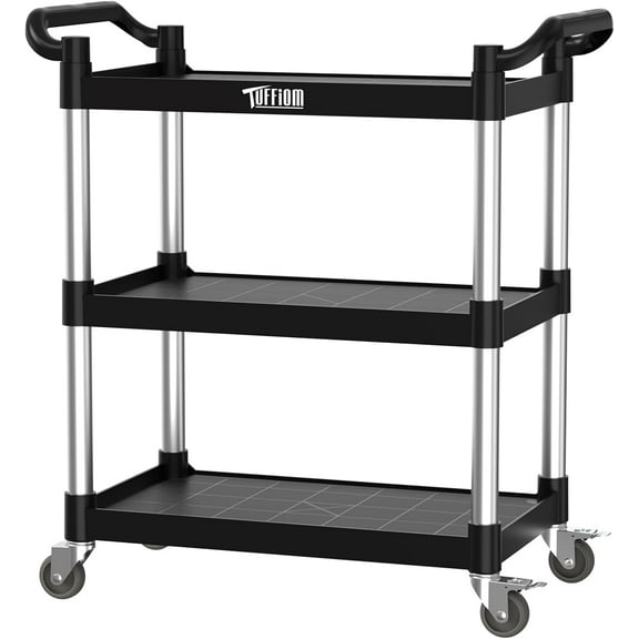 TUFFIOM 3-Tier Plastic Service Utility Cart with Wheels, Heavy Duty 390lbs Capacity,  Rolling Ideal for Restaurant, Foodservice, Office, Warehouse, Black 34.8''L x 17.4''W x 38.6''H