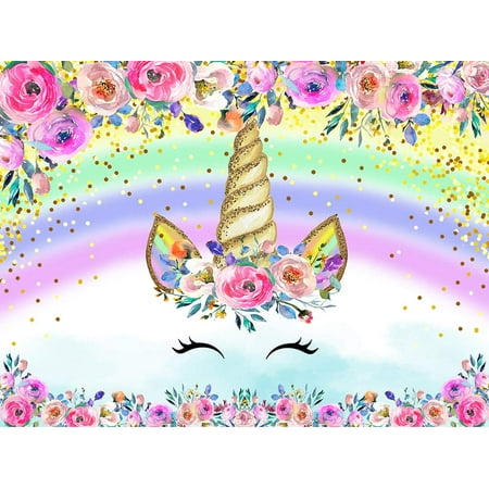 Image of 7x5ft Unicorn Party Wall Decorations Rainbow Baby Flowers Birthday Dessert Table Banner Photo Booth