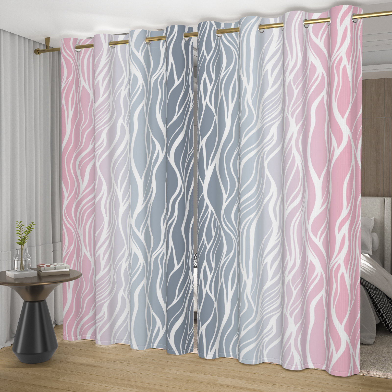 Nanqianyi Ombre Pink and Grey Blackout Curtains for Bedroom, White Wave Striped Gradient Thermal Insulated Drapes with Grommet, 2 Panels, 42x84 inches