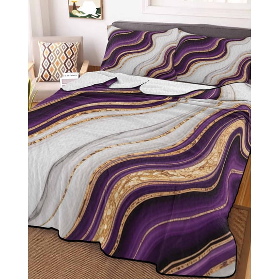 Purple Modern Queen Size Down Alternative Comforter, Lightweight Comforter Quilt Bedding Set with Pillow Shams Classic Abstract Art Luxury Golden All Seasons Bed Comforter Duvet Insert 90"x96"