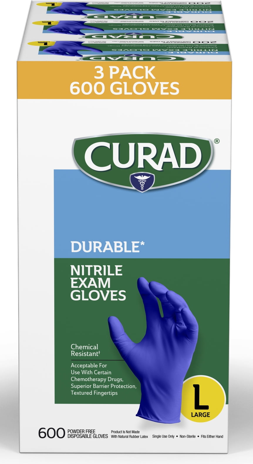 CURAD Nitrile Exam Gloves, Durable, Powder Free, Chemical Resistant, Large, 600 Count, Color May Vary