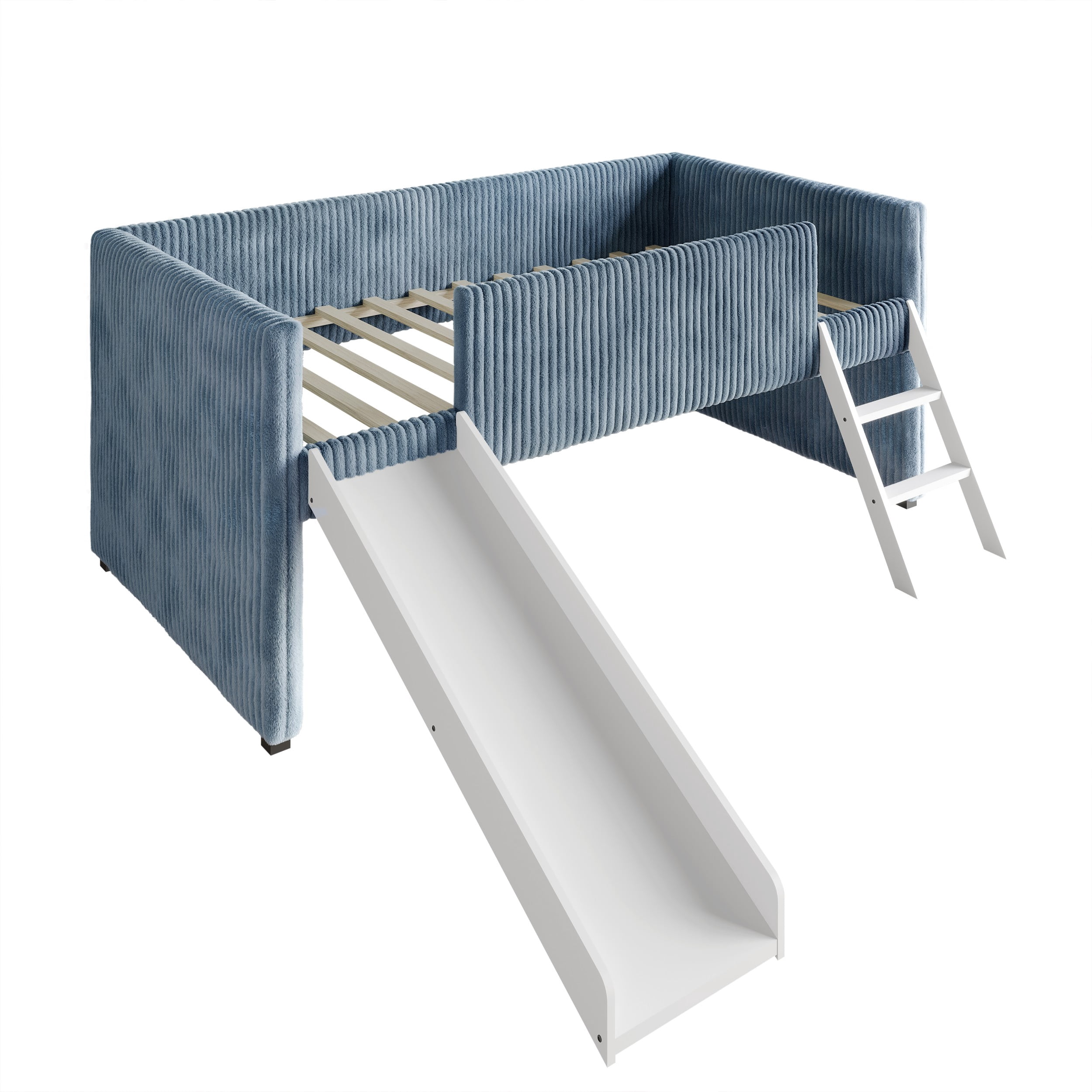 Home Design Totowa Kids Upholstered Low Loft Bed with Slide & Ladder, Soft Corduroy Fabric Twin Loft Bed for Boys & Girls, Light Blue