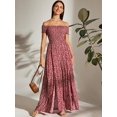 thumbnail image 6 of Burgundy Off Shoulder Shirred Bodice Ditsy Floral Maxi Dress With Side Slit, 6 of 6