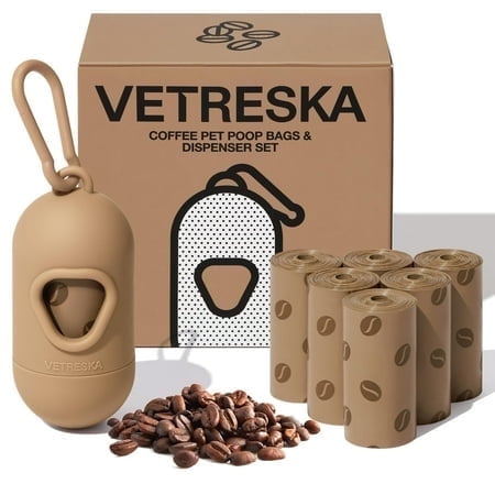 VETRESKA Dog Waste Bag DMF15 Dispenser with Coffee Scent - Leak Proof, Extra Thick Pet Waste Bags - 1 Bag Holder, 105 Bags (7 Refill Rolls) for Dogs and Cats
