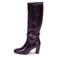 thumbnail image 2 of FSJ Women Classic Buckled Strap Knee High Boots Chunky High Heels Square Closed Toe Side Zipper Boots Comfort Casual Wear Shoes Size 6.5 Purple, 2 of 5