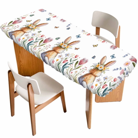 Easter Table Cloths for 8 Foot Rectangle Tables, Spring Flowers Wreath Rabbit Budding Florals Patio Waterproof Elastic Fitted Tablecloths, Washable Rectangular Table Cover for Camping