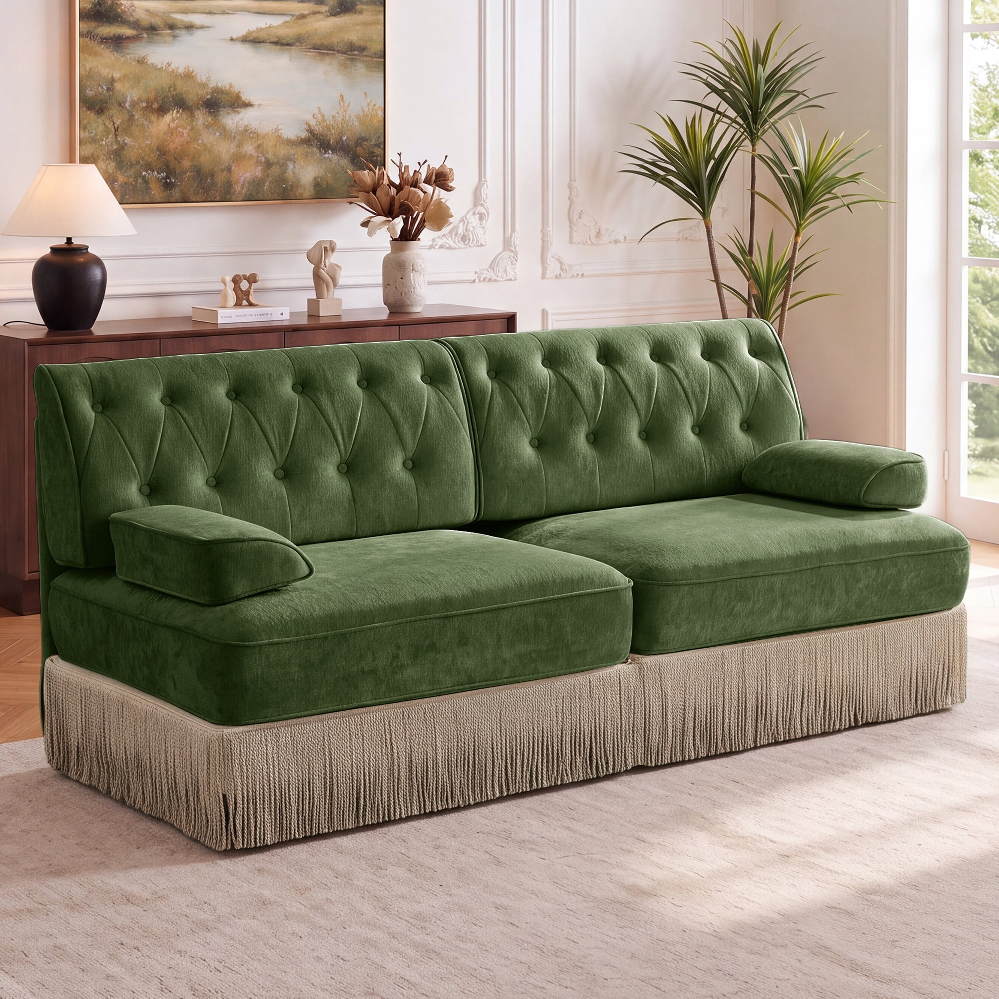 76" Velvet Chesterfield Loveseat Sofa, Button Tufted Design, Tassel Fringe Skirt, Easy to Assemble