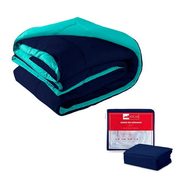 EDREDÓN C/ FUNDA DECORATIVA 2 VISTAS ATLAS TURQUESA / AZUL MARINO QS