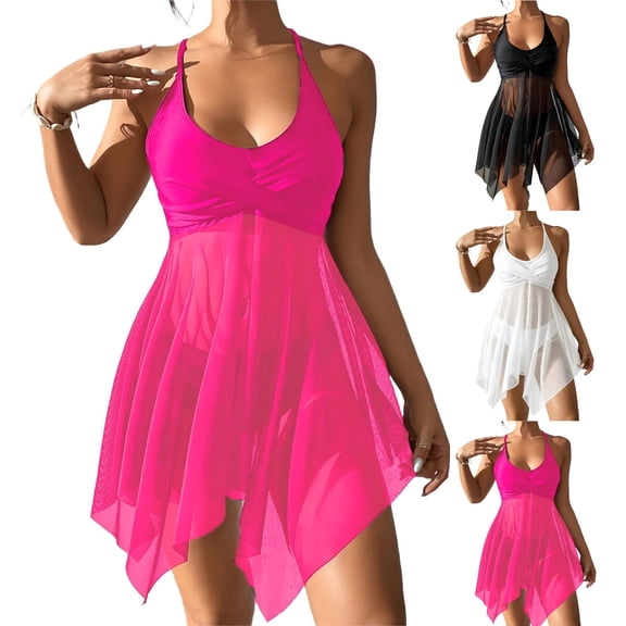 Bixock Bathing Suits for Women,Tankini Swimsuits for Women,Swimsuits for Women Solid Color One Piece Swimsuit with Chest Pad Backless and Skirt Overlay Slim Swimsuits