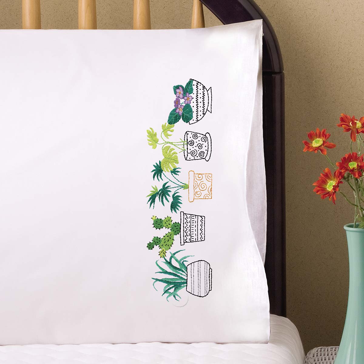 Tobin Stamped For Embroidery Pillowcase Pair 20"X30"House Plants