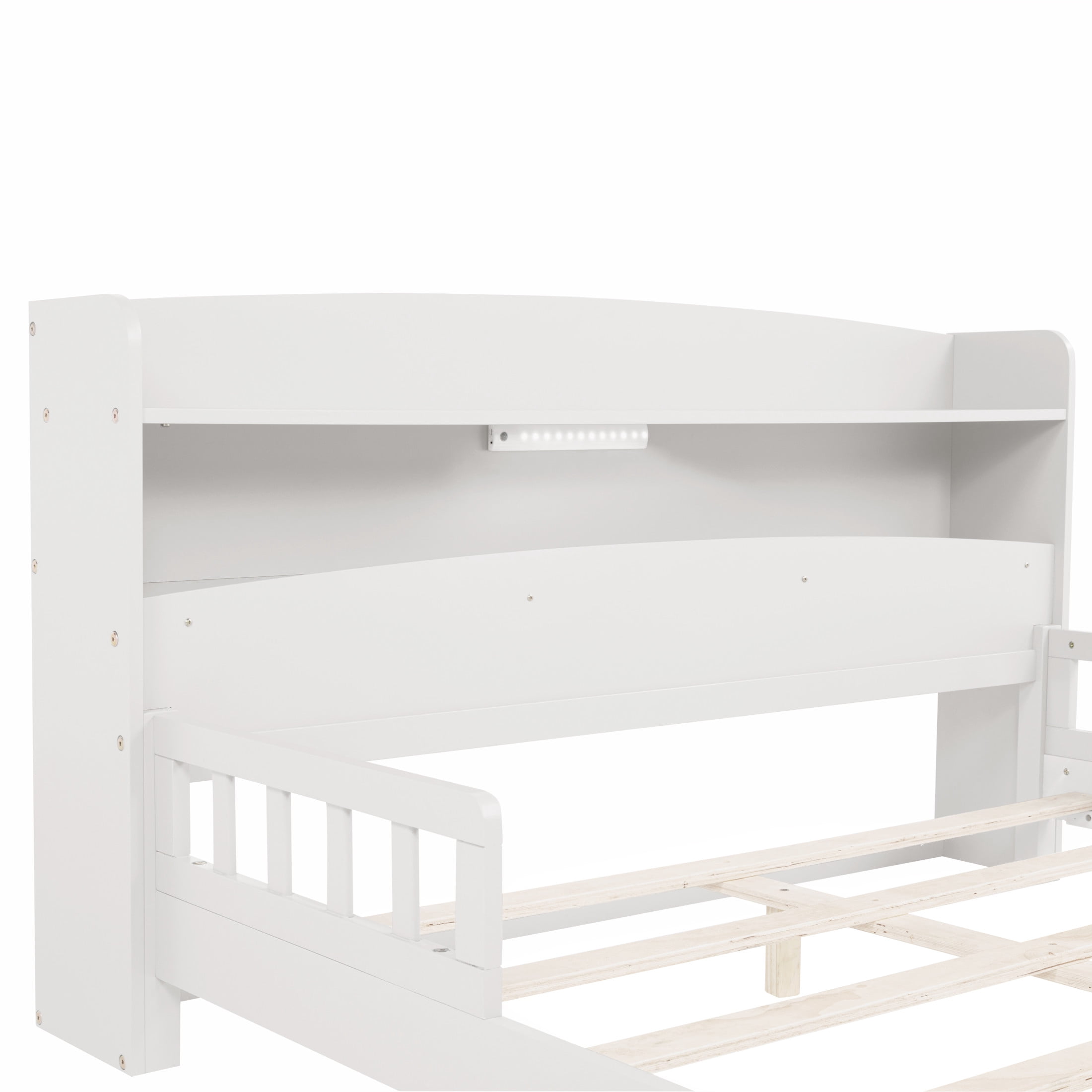 Noble House Elen Full Bed with Bookcase Headboard and LED  Sensor Light, Pine Wood Bed, Kid's Room, White