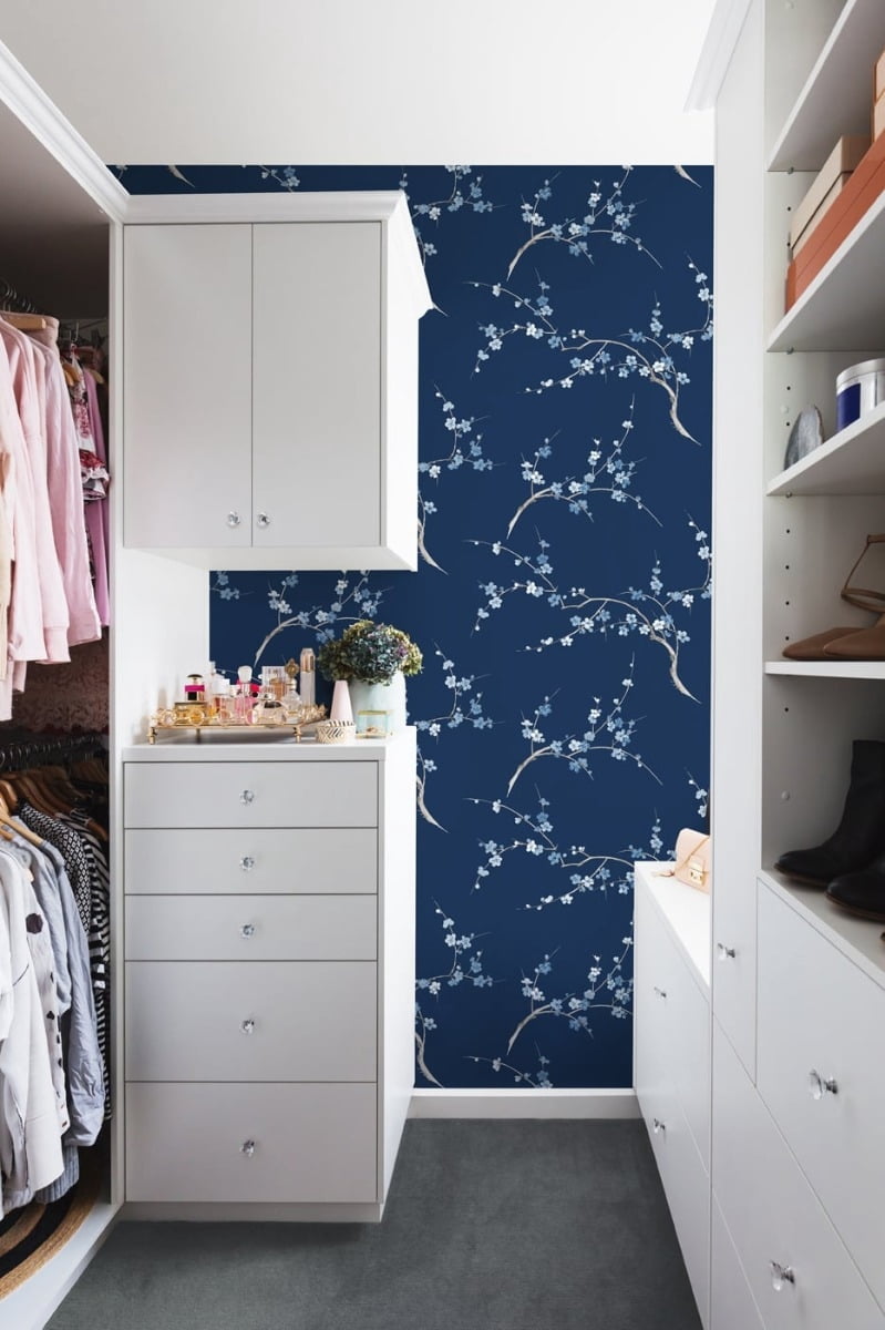 NextWall Navy & Blue Jay Cherry Blossom Floral Peel and Stick Wallpaper