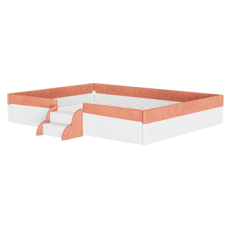 Queen Size Corduroy Upholstered Floor Bed Frame with Fence, Kids Low-Profile Platform Bed with 2-Tier Steps & Smart LED Lights