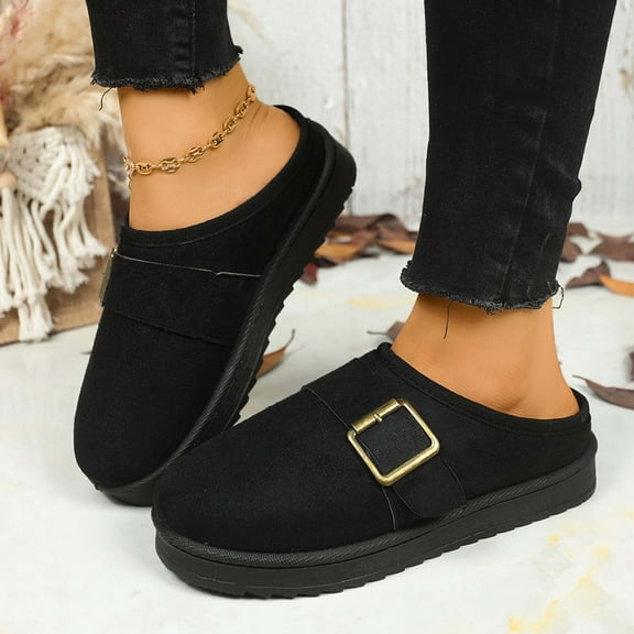 Caywon Women's Fashion Casual Winter Fleece-Lined Warm Indoor Outdoor Cotton Slippers Solid Color Round Toe Closed-Toe Thick Sole Flat Slippers Non-Slip for Cold Weather Daily Wear