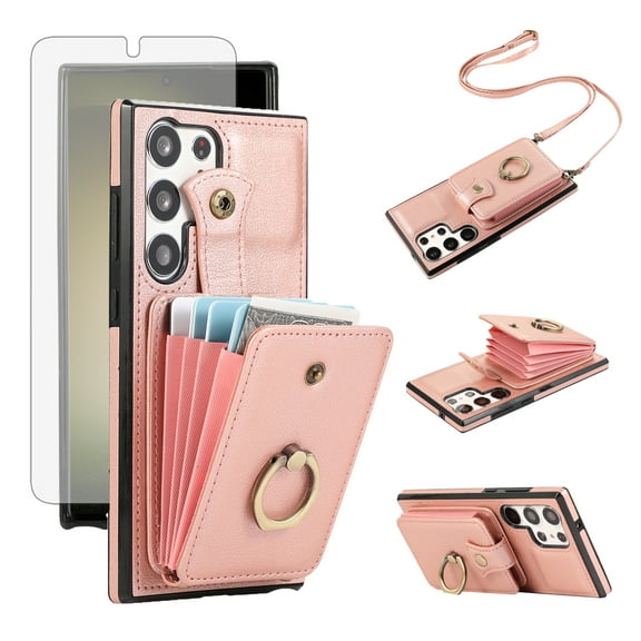 Compatible with Samsung Galaxy S23 Ultra 5G Wallet Phone Case Screen Protector Ring Crossbody Strap Stand Credit Card Holder RFID Cell Cover for S23Ultra 23S S 23 23Ultra 6.8 in Women Girls Rose Gold