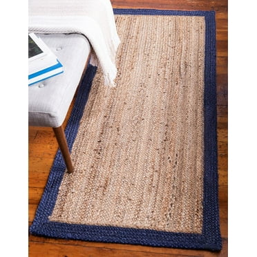 Agro Richer Edge Blue Dye Natural Jute Beige Area Rugs for Living, Carpet for Kitchen outdoor & Indoor (3x8" Feet)