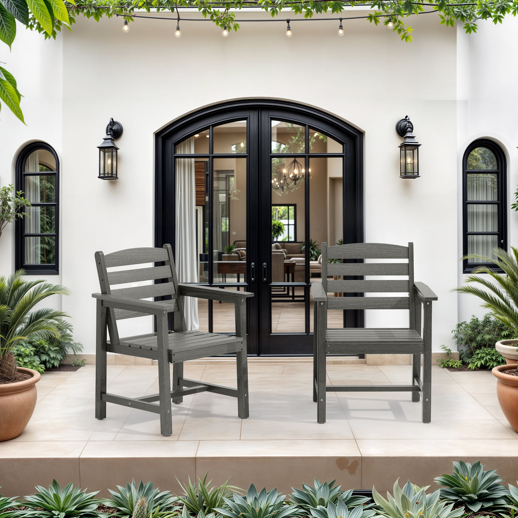 Eclife Set of 2 outdoor patio dining chairs Plastic Plywood Weather Resistant for Balcony Deck Pool Lawn Garden Backyard, Gray
