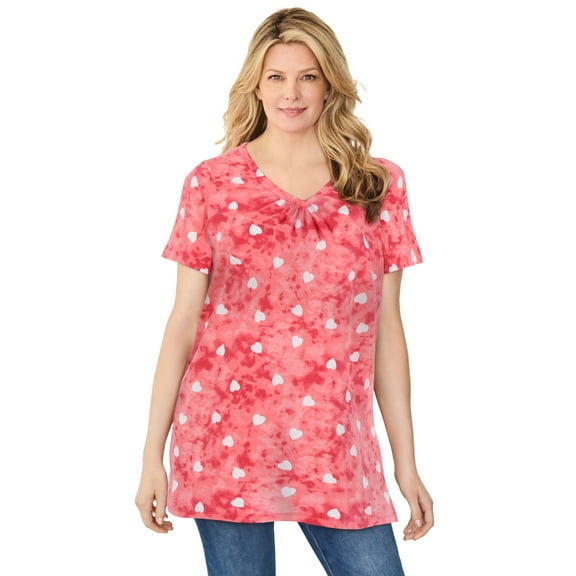 Woman Within Plus Size Perfect Printed Short-Sleeve Shirred V-Neck Tunic