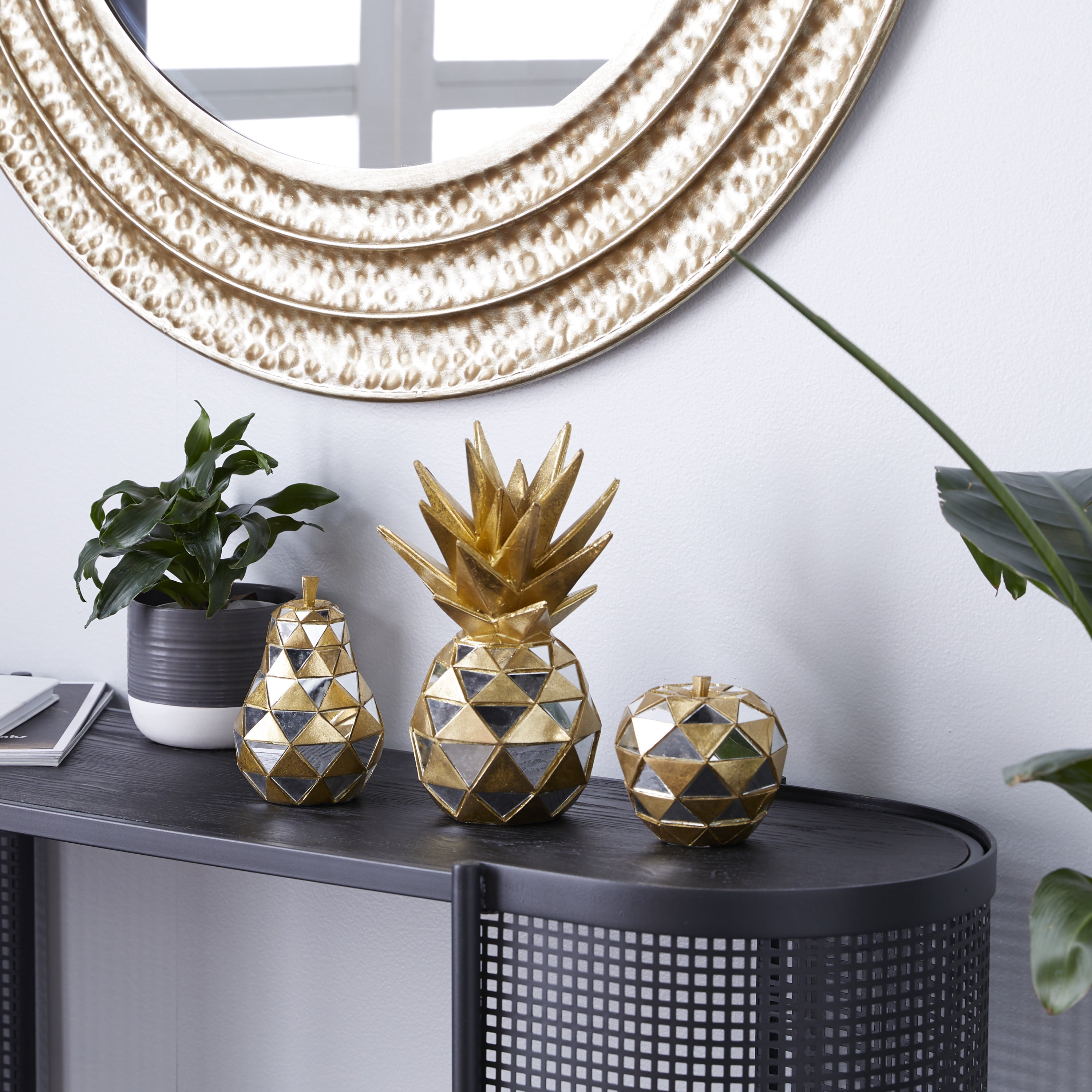 10", 6", 4"H Gold Polystone Decorative Fruit Sculpture with Mirror Accents, by DecMode (3 Count)