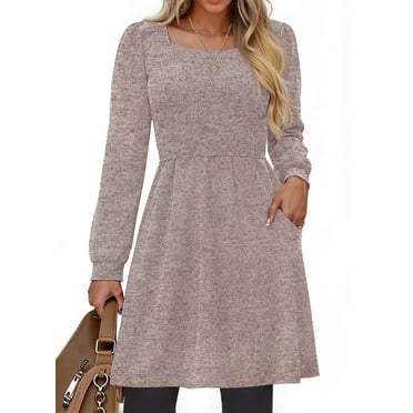 Fantaslook Square Neck Long Sleeve Dresses for Women Casual Trendy Sweater Dress with Pockets