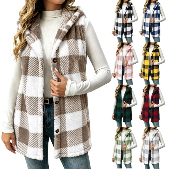 purcolt Women's Plush Fleece Vest Button Down Sleeveless Plaid Hooded Vest Casual Warm Winter Thick Jackets with Pockets