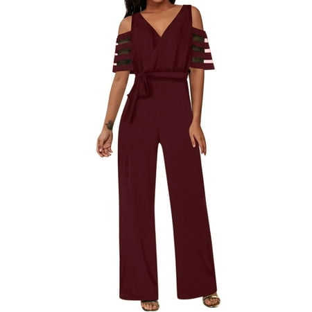

Qufokar Hooded Pajamas for Women Pantsuit Rompers for Women Women Fashion Solid Belt Romper Long Playsuit Cold Shoulder Mesh Sleeve Jumpsuits Elegant Loose Jumpsuit