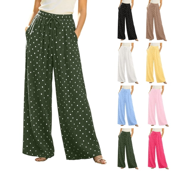 Womens Polka Dot Pants High Waist Pleated Wide Leg Summer Casual Flowy Lounge Trousers with Pockets for Travel,Black,L