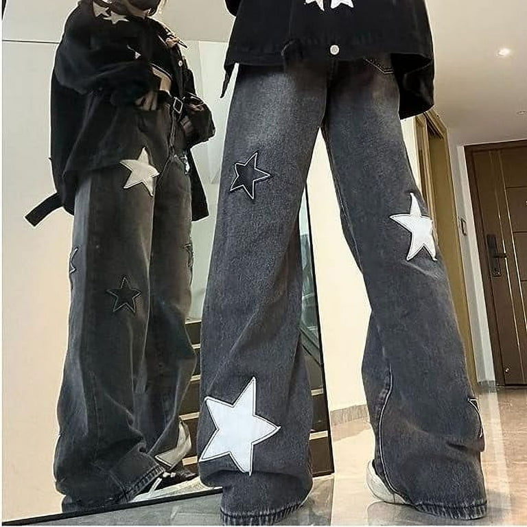 LinYooLi Y2K Baggy Jeans Star Patch Wide Leg Pants Alt Emo LinYooLi Y2K Baggy Jeans Star Patch Wide Leg Pants Alt Emo