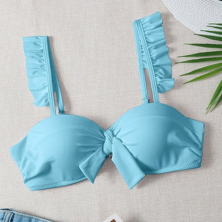 Women s Underwire Bikini Top with Ruffled Straps & Bow Detail - Push Up Padded Swimsuit Tops  Supportive Bathing Suit Spandex Swimwear