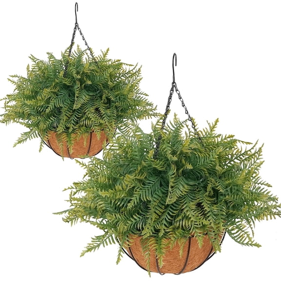 Fake Fern Plant Basket, 2Sets Simulation Green Plant Hanging Basket, Such as Front Porch, Garden, Balcony, Courtyard and Home Decoration