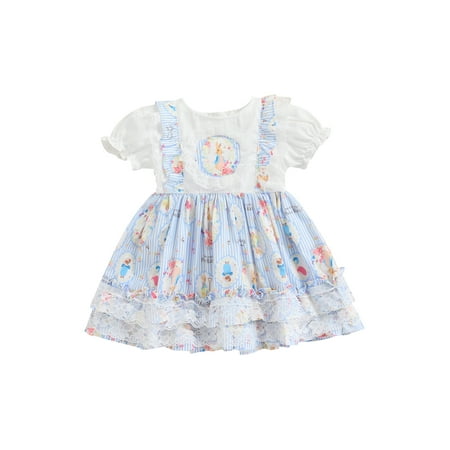 

Little Girls Short Sleeve Lace Ruffle Tutu Dress Cartoon Rabbit Printed Round Neck Flounce A-line Easter Dress