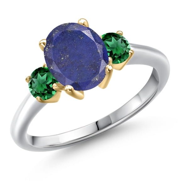 Gem Stone King 10K Two Tone Gold Blue Lapis and Green Nano Emerald Engagement Ring for Women | 2.60 Cttw | Oval 9X7MM | Gemstone Birthstone | Size 7