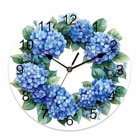 Wall Clock 14 Inch Blue Hydrangea Round Silent Decorative Wall Clocks Battery Operated for Living Room Bedroom Kitchen Classroom Decor, Watercolor Floral,Large