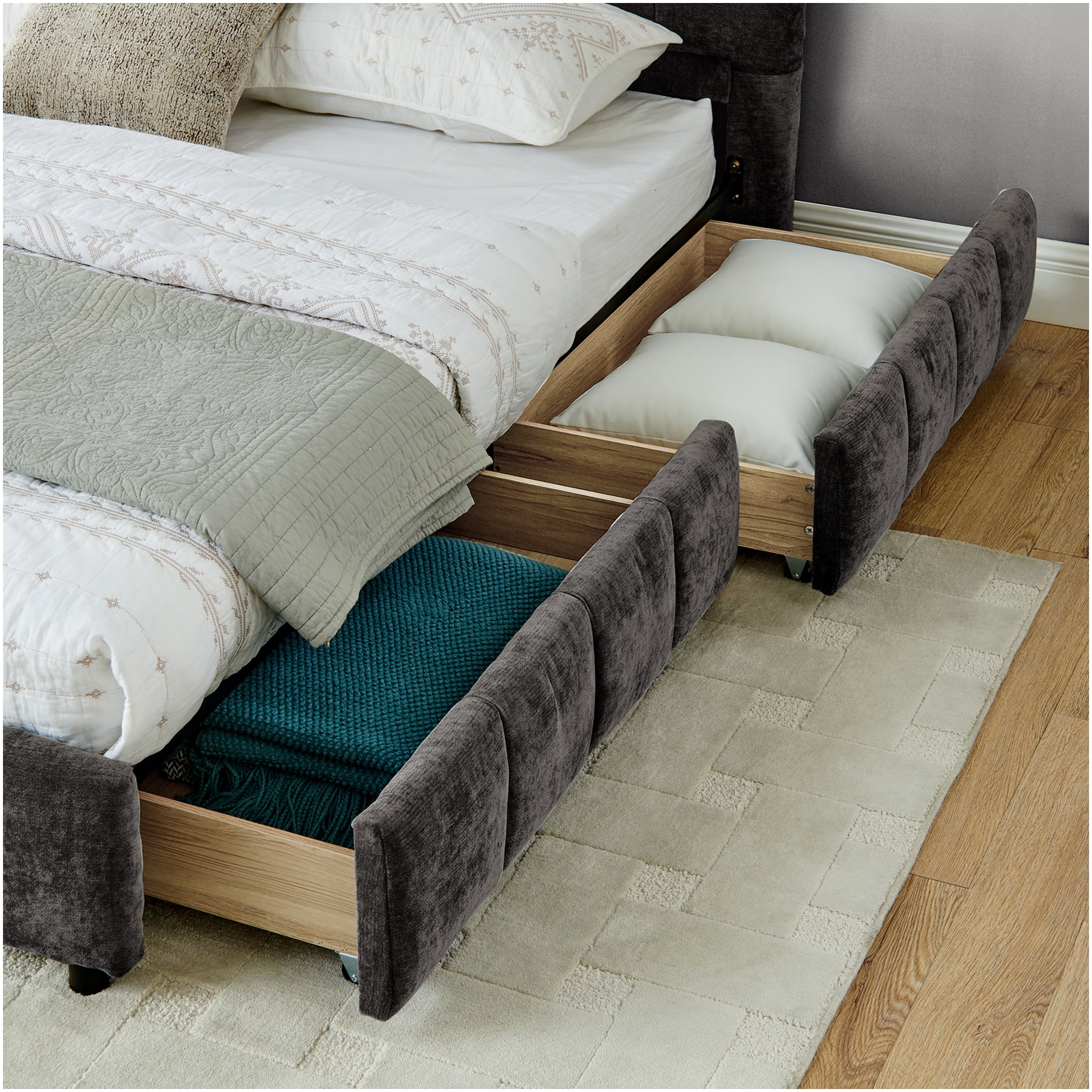 King Size Upholstered Storage Bed Frame with Headboard and Drawers, Modern Platform Bed with Ample Storage Space