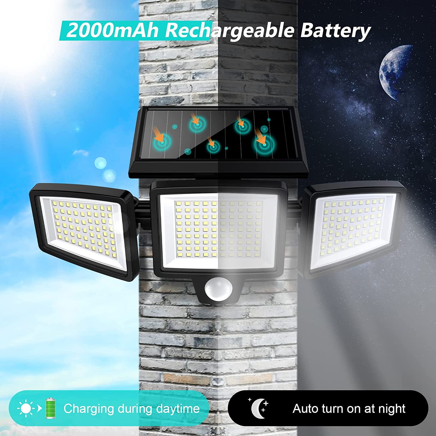 IJIL Solar Lights Outdoor - 2500LM Motion Sensor Outdoor Lights with Remote Control 3 Heads LED Security Light 270° Wide Angle Solar Flood Lights (2 Packs)
