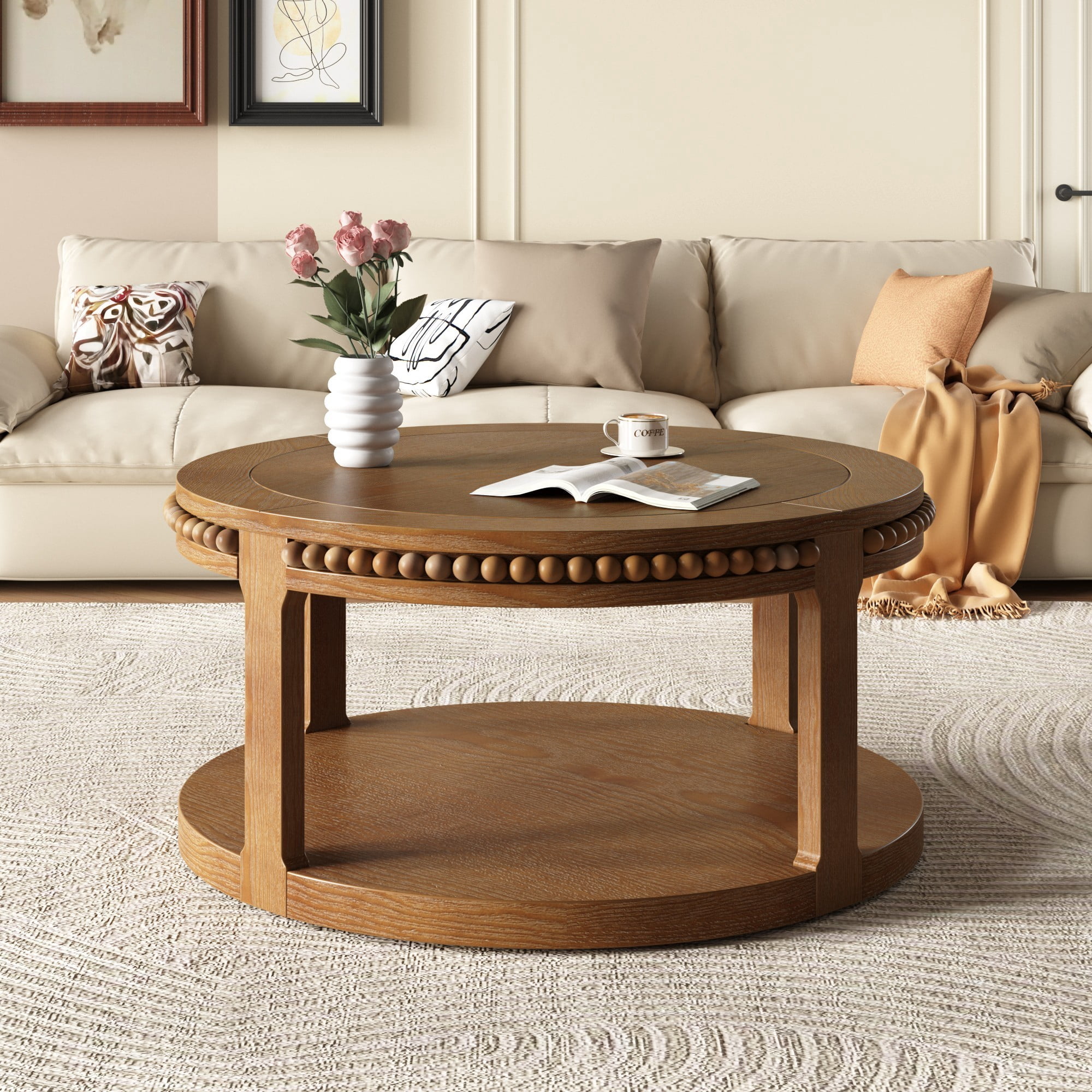 31.5" Round Solid Wood Coffee Table, 2 Tier Wood Coffee Table with Shelf, Modern Center Table for Living Room Sofa Table, Walnut