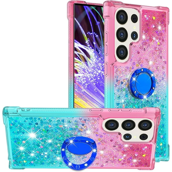 for Samsung Galaxy S25 Ultra (Not S25) Quicksand Case with Ring Kickstand, Girls Women Bling Cute Glitter Flowing Liquid Floating Sparkle Cover for Samsung Galaxy S25 Ultra. JB-Pink Green