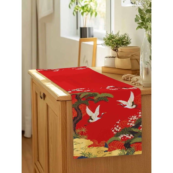 Retro Crane Pine Flower on Red Table Runner 13x90in Non-Slip Cotton Linen Table Runners, Asian Chinese Pastoral Scenic Dresser Scarves TableRunner for Dinner Kitchen Dining Wedding Party