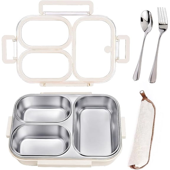 25oz Stainless Steel Lunch Kit (Bento Box   Fork/Spoon) - 3 Leakproof Compartments - Food-Grade 18/8 Steel - School/Office/Travel Ready - Dishwasher Safe (Beige)