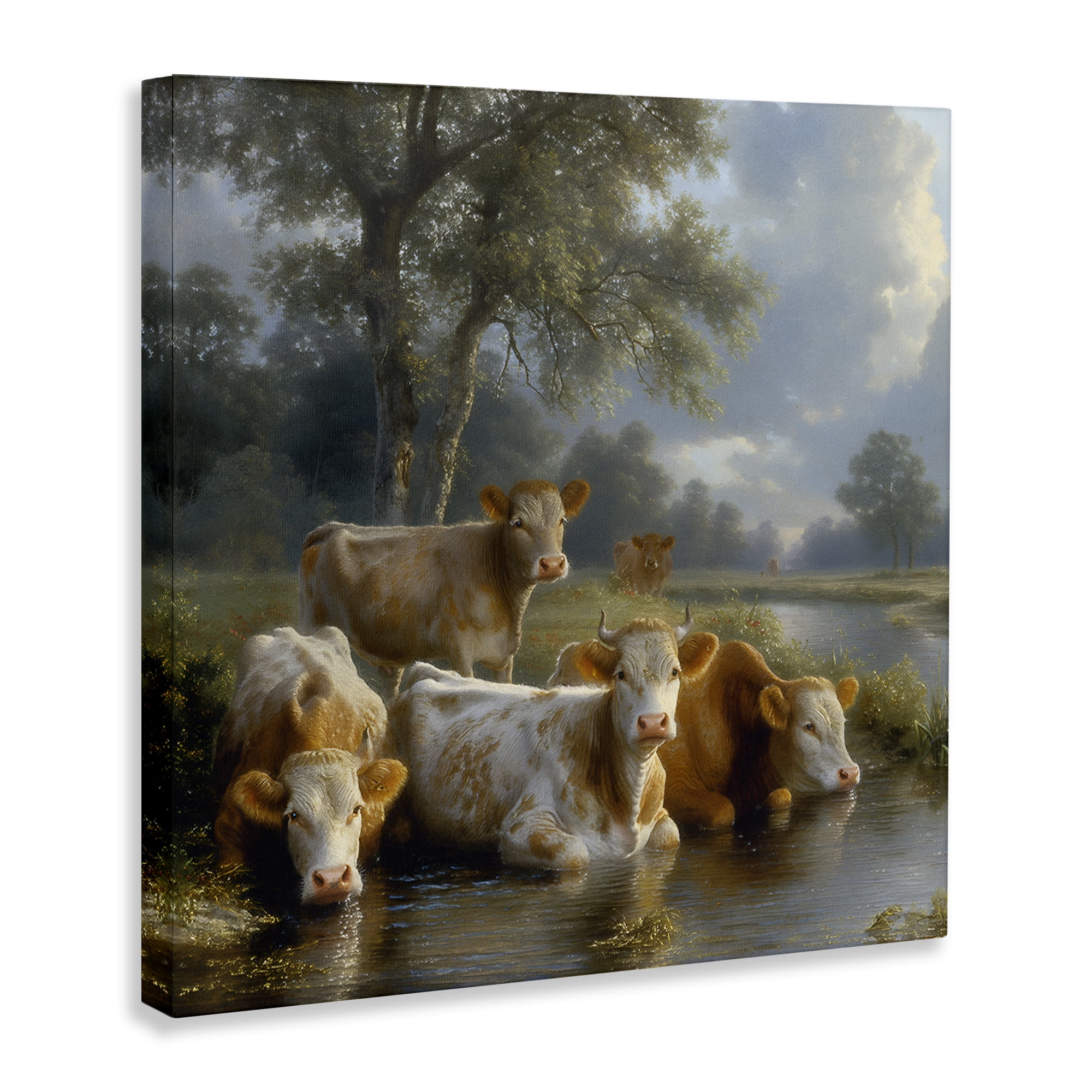 Stupell Industries Cow Family at Creek Animals Painting Wrapped Canvas Art Print Wall Art, 24 x 24