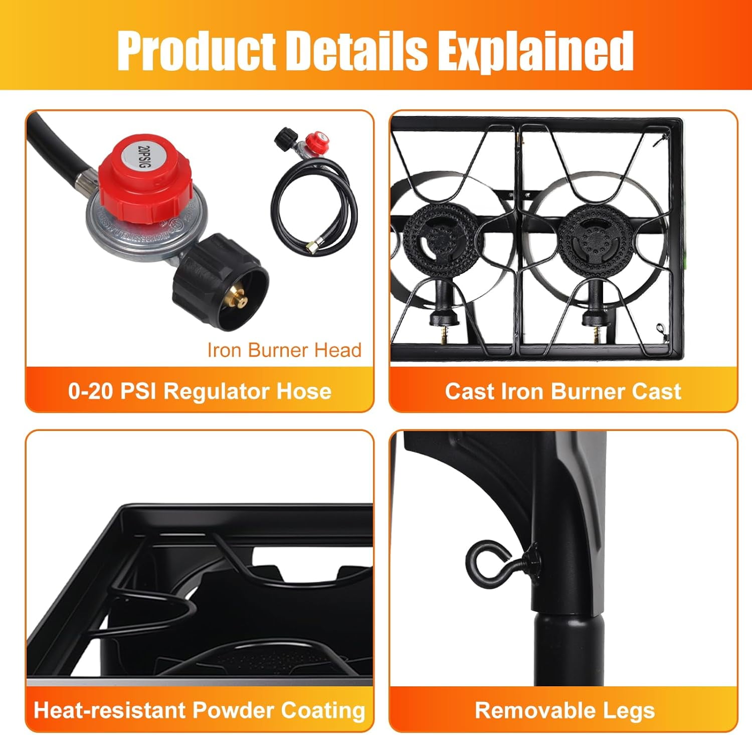 225,000-BTU High-Pressure Outdoor Propane Gas Stove, 3-Burner Camp Cooker with Detachable Legs for Camping, Patio, Tailgating & Backyard Cooking