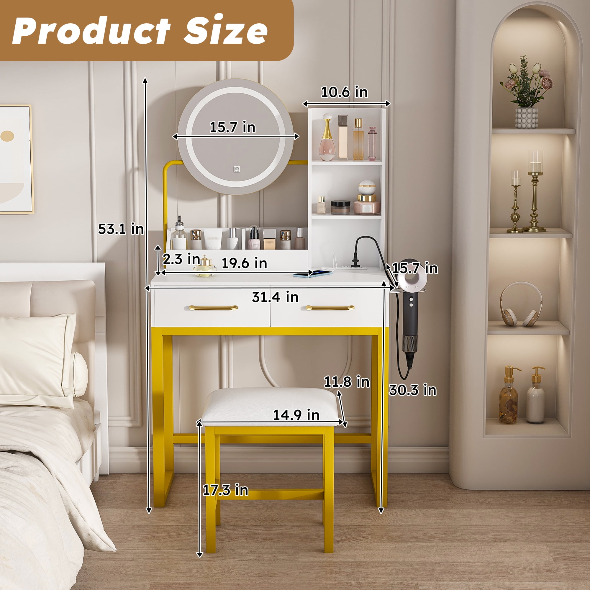 Aukfa Vanity Set Makeup Vanity Table with Round LED Lighted Mirror,Power Outlet & Hair Dryer Holder for Bedroom,White