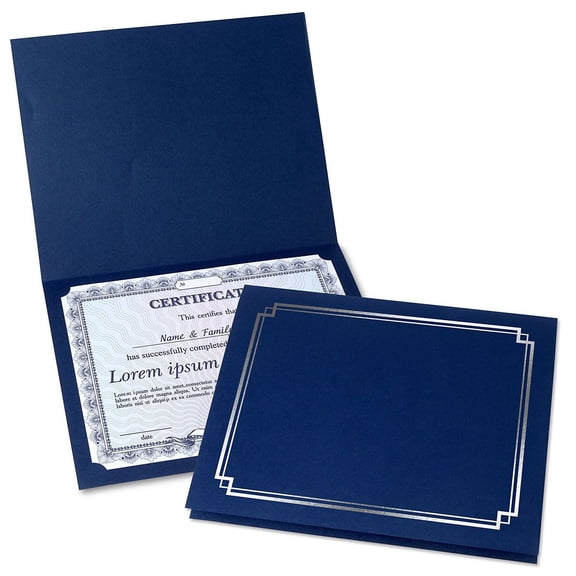 Classic Blue & Silver Certificate Folders - Pack of 25, Linen Cover 80 lb. Stock, Folded, Die-Cut Corners, For Office, Business Awards, Graduation, School Diploma Holder, 9-1/2" x 12"