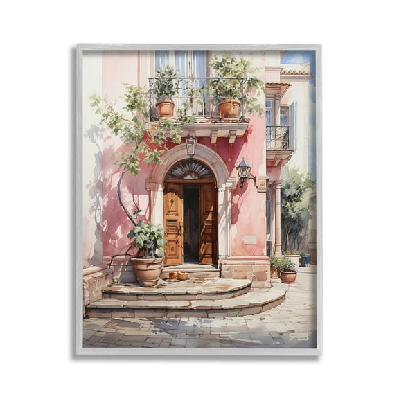 Stupell Industries European Building Doorway Travel & Places Painting Gray Framed Art Print Wall Art, 16 x 20