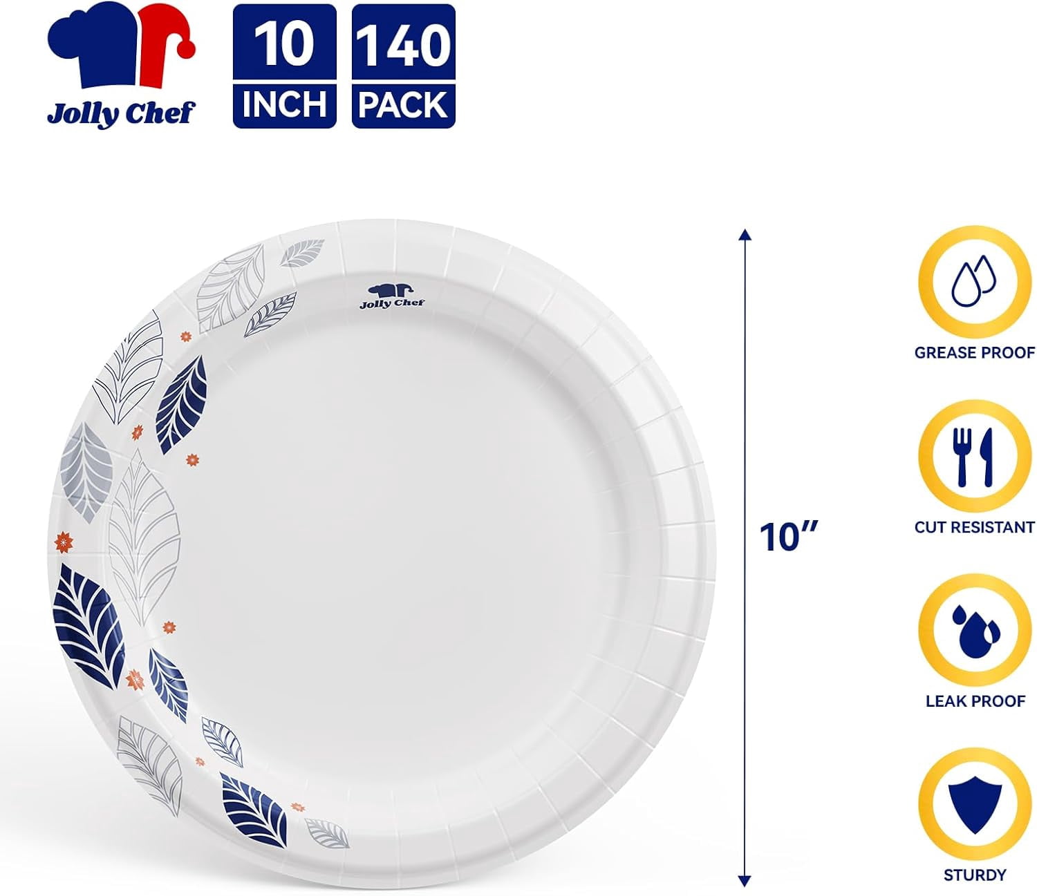 140 Count Paper Plates 10 inch Soak Proof, Cut Proof, Heavy Duty Leaf Printed Disposable Paper Plates for Everyday Use