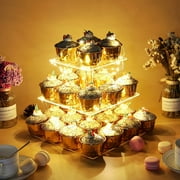 Hengbo 3-Tier Square Acrylic Cupcake Stand, With Yellow LED Lights, Dessert Tray for Birthday/Wedding/Parties