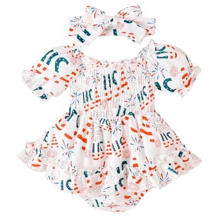 

Infant Romper Girls Independence Day 4th Of July Short Sleeve Letter Cartoon Printed Toddler Bodysuits Rompers Headbands Set Child Newborn Playwear Summer Sunsuit